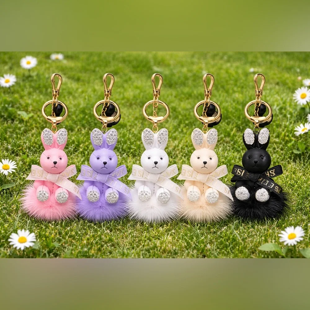 WHITE Bunny Pom Pom Keychain Bag Charm -